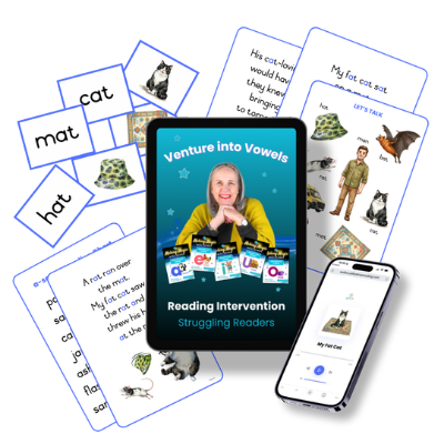 Venture into Vowels reading intervention resources — flashcards, tablet, and audio companion