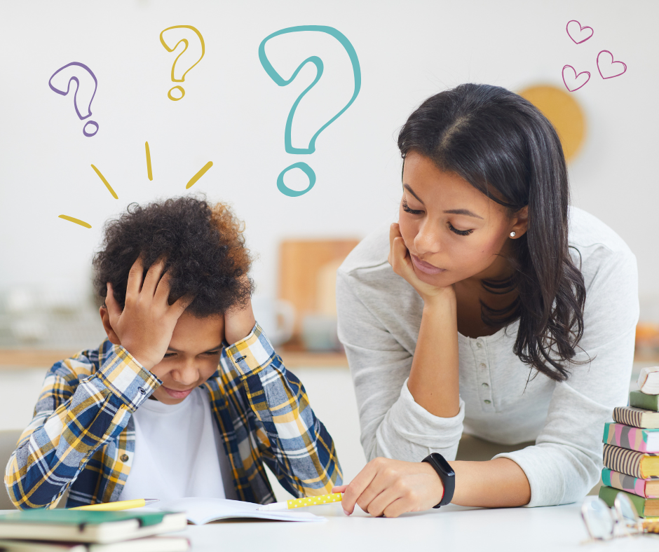 A supportive adult helping a child who is struggling with reading
